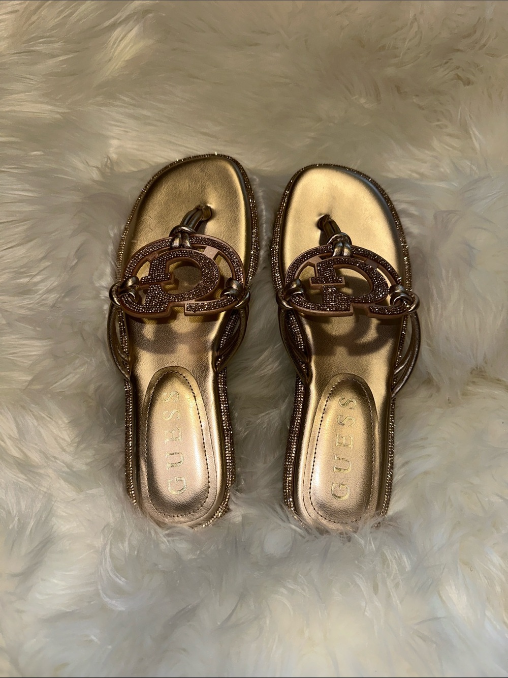 GUESS Metallic Rose Gold Logo Toe-Post Slide Sandals